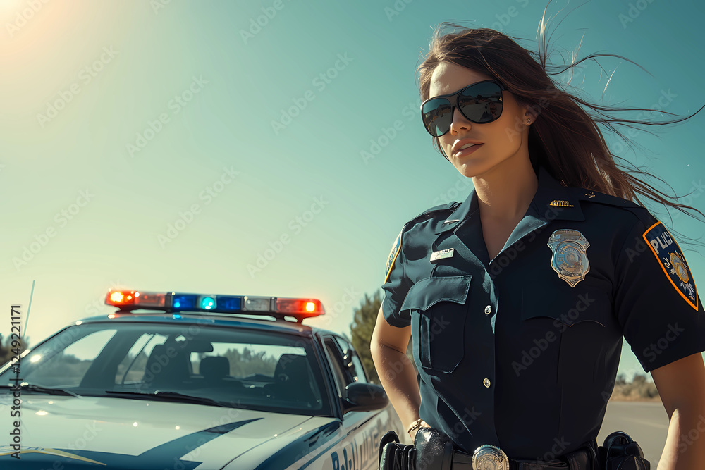 Confident female police officer wearing sunglasses, standing next to a ...