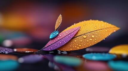 Poster - Colorful Leaf Arrangement with Water Drops and Vibrant Background