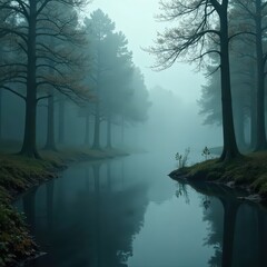 Wall Mural - ancient trees, still water, heavy fog shrouds a secluded pond , quiet, environment, rural