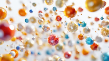 Leinwandbilder - Abstract colorful spheres floating and connected by thin rods against a bright background.