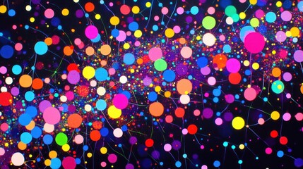 Poster - Abstract colorful swirling particles and lines on dark background.