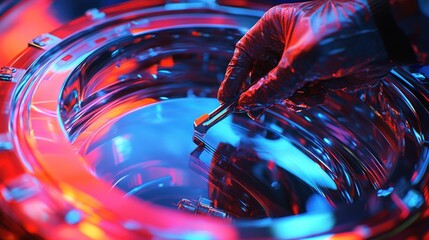 Poster - Hand Placing Metal Component Inside Circular Metallic Machinery