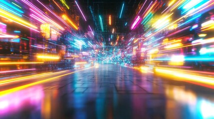 Poster - Vibrant cityscape illuminated by dynamic lights and colors in a futuristic environment