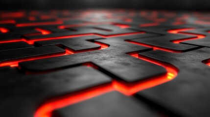Poster - Glowing red maze pattern, dark metallic surface, abstract background, tech design
