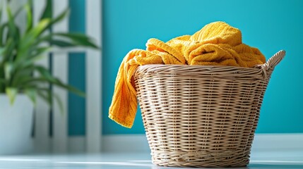Poster - A woven basket brimming with dirty yellow towels sits in a chic laundry room, where bright blue walls contrast with the plant nearby, creating a lively and inviting atmosphere