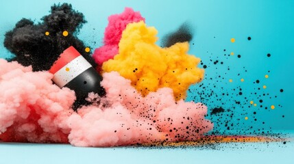 Poster - Colorful Smoke Explosion with Vibrant Particles on Blue Background