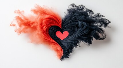 Poster - abstract smoke art with heart symbol in black and red color contrast