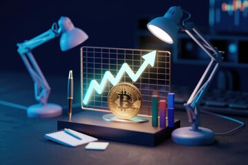Poster - Bitcoin price rising, shown on a graph with a golden coin and desk lamps.