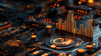 Poster - Futuristic Digital Landscape with Bright Neon Cityscape Elements