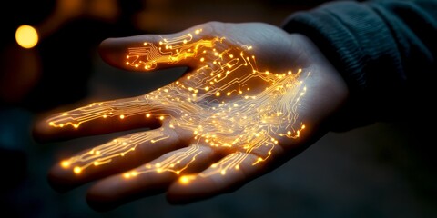Aufkleber - A hand illuminated with glowing lights creates a breathtaking scene. The mix of dark and vibrant colors conveys a sense of magic and wonder. Perfect for creative projects. AI