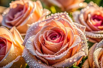 Wall Mural - pink rose with dew drops close-up for wedding floral beauty