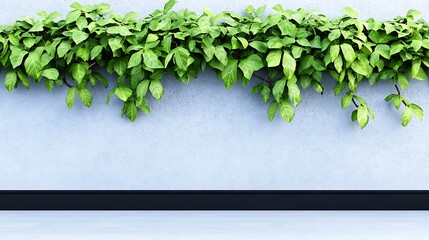 Wall Mural - Lush green foliage cascading over a smooth blue wall, creating a serene indoor atmosphere