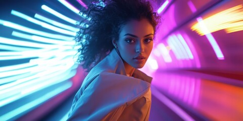 Poster - A striking portrait of a woman in motion, surrounded by light trails in vibrant colors. This image captures the essence of energy and modernity. Perfect for creative projects. AI