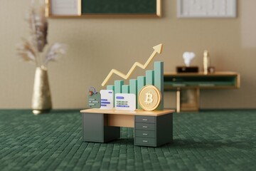 Poster - Bitcoin price growth visualized on a desk with documents and charts, showcasing financial success.