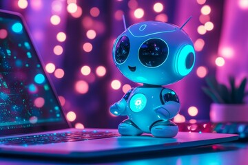 Poster - Cute futuristic robot sitting beside laptop with colorful background