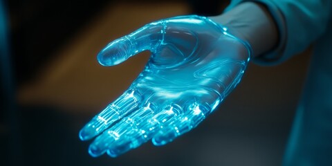 Aufkleber - A glowing transparent glove illuminated with blue light. This futuristic accessory symbolizes technology and innovation. Perfect for sci-fi themes and digital art. AI