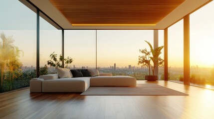 Wall Mural - A spacious modern living room featuring floor-to-ceiling windows that offer a breathtaking view of the city skyline at sunset, radiating warmth and tranquility.