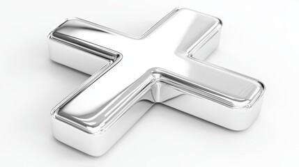 Poster - 3D Render of a Shiny Silver Plus Sign Symbol with Reflective Surface on Soft Background