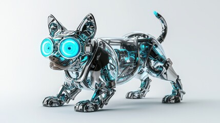 Poster - Futuristic Robotic Dog with Bright Blue Eyes in a Minimalist Setting Showcasing Advanced Technology and Innovation