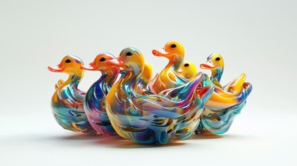 Poster - Colorful Decorative Ducks in a Group Displaying Vibrant Swirls and Beautiful Patterns on a Soft Background