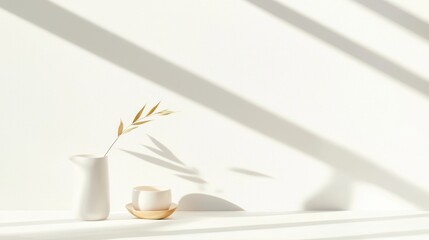 Poster - Minimalist Still Life with Vases and Natural Elements Featuring Soft Shadows and Clean Lines in a Bright Space
