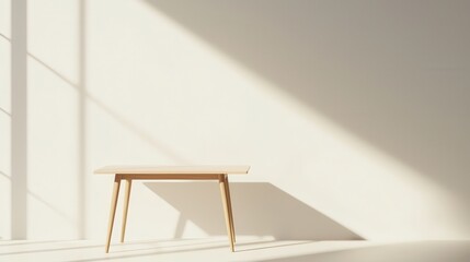 Poster - Minimalist wooden table casting shadows in a sunlit room showcasing simplicity and elegance in home decor
