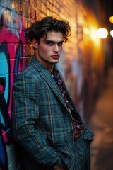 Poster - A trendy male model with a dapper look, wearing a chic streetwear outfit, leaning against a graffiti wall, city lights in the background