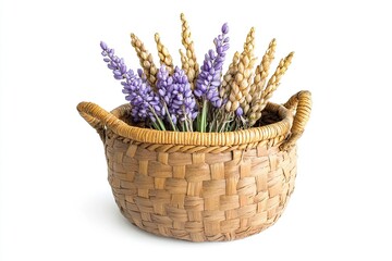 Wall Mural - Basket made of water hyacinth decorated with ears of rice isolated on white background 