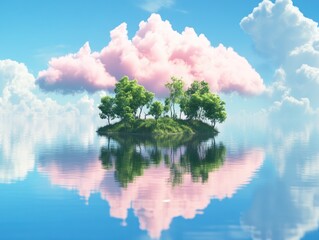 A small island with trees in the middle of a blue sky, reflecting on its surface. Dreamy and idyllic setting.