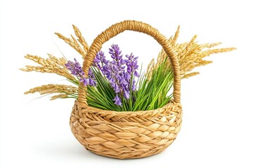 Wall Mural - Basket made of water hyacinth decorated with ears of rice isolated on white background 