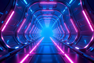 Wall Mural - abstract glowing blue and purple neon tunnel, high-tech digital sci-fi background, symmetrical geome