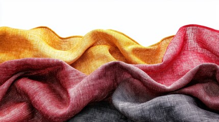 Poster - Vibrant Textured Fabric in Bright Colors of Red, Yellow, and Orange Draped Elegantly Against a White Background