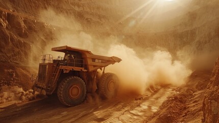 Poster - Massive mining truck drives along a dirt road in an expansive open pit mine at dusk. Dust clouds rise into the air as sunlight filters through, highlighting the mining activity.