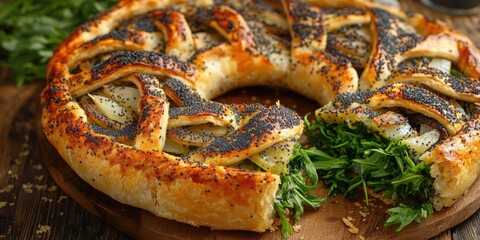 Wall Mural - A pie with a hole in it and a piece of spinach missing. The pie is on a wooden table