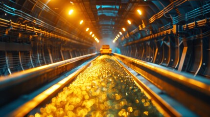 Poster - A train moves swiftly along metallic tracks in a bustling underground tunnel, illuminated by warm orange lights during the evening. The atmosphere is dynamic and energetic.