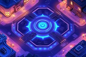 Poster - Futuristic Cityscape at Night with Neon Lights and Circular Structure