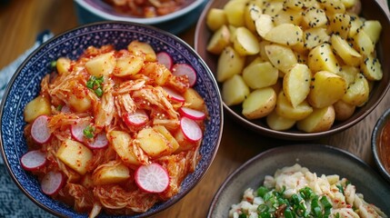 a vibrant and diverse assortment of cooked foods on a table, offering an array of flavors and culina