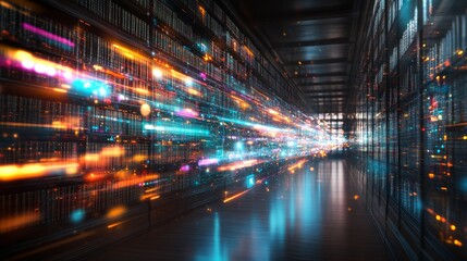 Poster - A hallway in a high-tech library filled with books