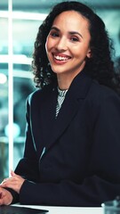 Aufkleber - Business, woman or face with smile in office for stock exchange research, portfolio review or reading market trends. Night trader, laptop and happy for crypto investment and financial trading profit