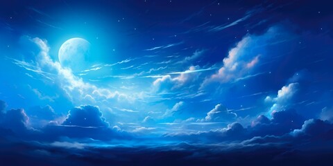 Wall Mural - full moon in the night sky with clouds and stars - dark blue moonlight for halloween or spooky visua