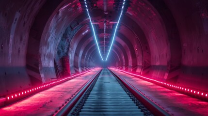 Aufkleber - A captivating underground railway tunnel showcases bright neon lights that illuminate the tracks ahead, creating a stunning visual contrast against the dark surroundings.