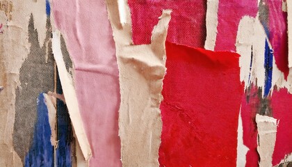 Aufkleber - abstract textile collage with torn fabric layers in pink, red, and beige tones, showcasing raw texture and bold color contrasts

