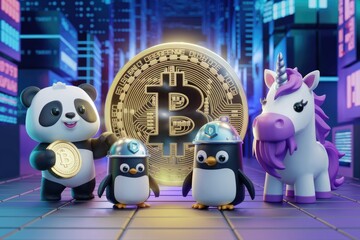 Poster - Adorable panda, penguins, and unicorn celebrate Bitcoin's digital currency success in a futuristic cityscape.