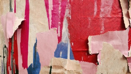 Aufkleber - abstract textile collage with torn fabric layers in pink, red, and beige tones, showcasing raw texture and bold color contrasts

