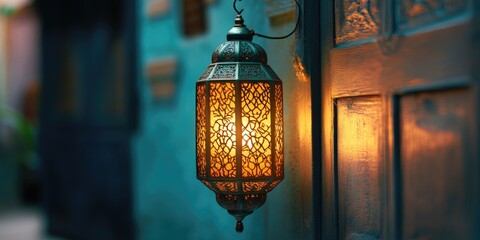 Wall Mural - Glowing lantern illuminating doorway at nighttime. Handcrafted decorative lighting. Cultural ambiance and warmth.