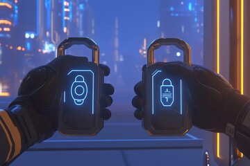Poster - Futuristic Hands Holding High-Tech Locks in Neon Cityscape