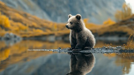 Poster - Against a backdrop of majestic mountains, a playful bear cub studies the reflection of an adult bear in calm waters, embodying the beauty of nature and companionship during autumn