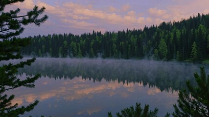 Aufkleber - Calm morning mist over serene lake surrounded by pine trees in the woods at dawn