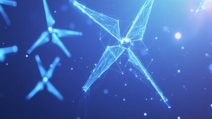 Poster - Abstract Futuristic Windmill Network with Low Poly Design on Blue Background with Particles.