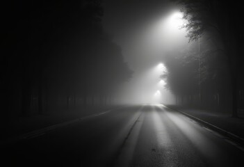 Wall Mural - Empty Foggy Road Illuminated by Streetlights at Night